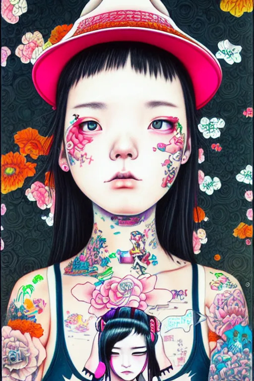 Image similar to full view of girl from taipei with tattoos, wearing a cowboy hat, style of yoshii chie and hikari shimoda and martine johanna, highly detailed