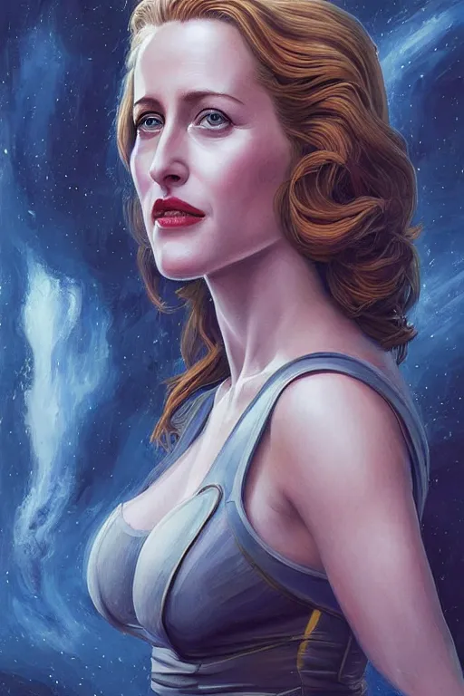 Image similar to young Gillian Anderson as a ruggedly beautiful retro SCI-FI heroine 1985 , intricate, elegant, highly detailed, centered, digital painting, artstation, concept art, smooth, sharp focus, illustration, art by artgerm and donato giancola and Joseph Christian Leyendecker, Ross Tran, WLOP