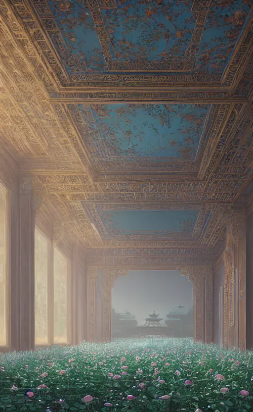 Image similar to vanishing point, palace covered with aqua blue roses like the forbidden city in distance at the red rose royal manor, viewed from afar, stephen bliss, misty, unreal engine, fantasy art by greg rutkowski, loish, ferdinand knab, and lois van rossdraws,, global illumination, radiant light, minimalist, detailed and intricate environment