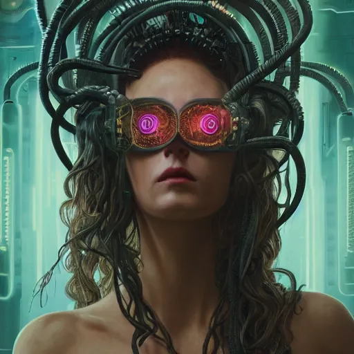 Image similar to portrait of Medusa with vr headset, cyberpunk, cables on the head, futuristic hi-tech details, ominous, intricate, art by anthony macbain + greg rutkowski + alphonse mucha, concept art, 4k, sharp focus, cinematic unreal engine