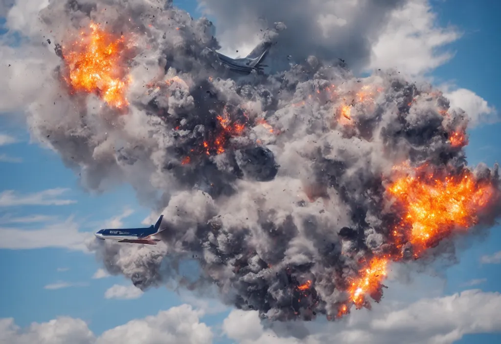 Prompt: plane exploding in pieces. in the sky. highly detailed. wide angle shot. depth of field. high definition. 8 k. photography.