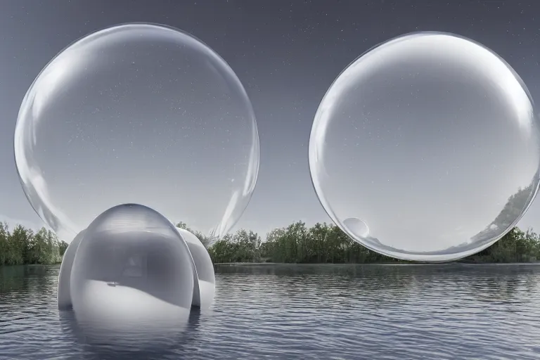 Prompt: many white egg shaped spherical spaces ， like a soap bubble, it depends on each other to form a modern science fiction building ， by pierre bernard, on the calm lake, people's perspective, future, interior wood, marble, award winning, highly detailed 4 k art, dusk, unreal engine highly rendered, global illumination, radial light, internal environment