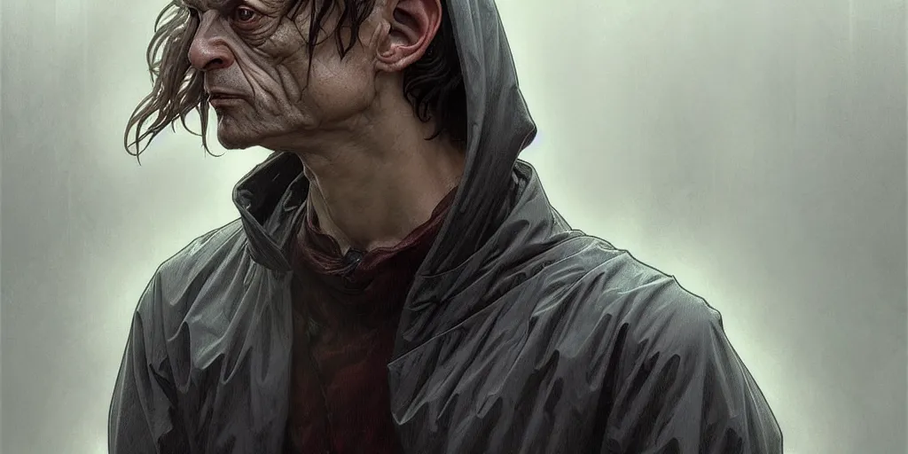 Image similar to ( ( ( ( gollum ) ) ) ) dressed in raincoat, male, clear face, masculine, upper body, highly detailed, digital painting, artstation, concept art, matte, sharp focus, illustration, art by artgerm and greg rutkowski and alphonse mucha