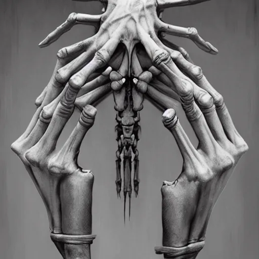 Prompt: A beautiful pale human hand holding a wretched skeleton hand, vertical symmetry, detailed hands, detailed skeleton hands, beautiful moody artwork by Greg Rutkowski and Asher Duran