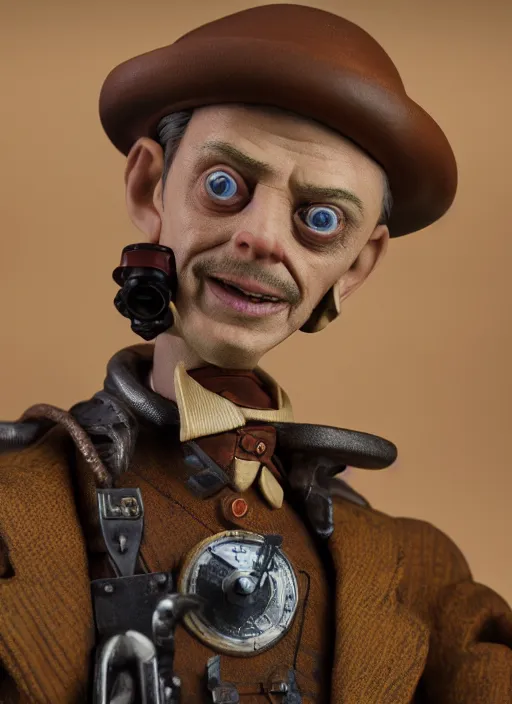 Image similar to product photography of a claymation action figure steampunk steve buscemi, depth of field, zeiss lens, detailed, centered, by erwin olaf, joop geesink, wes anderson, breathtaking, 8 k resolution, extremely detailed, beautiful, establishing shot, realistic materials, hyperrealistic