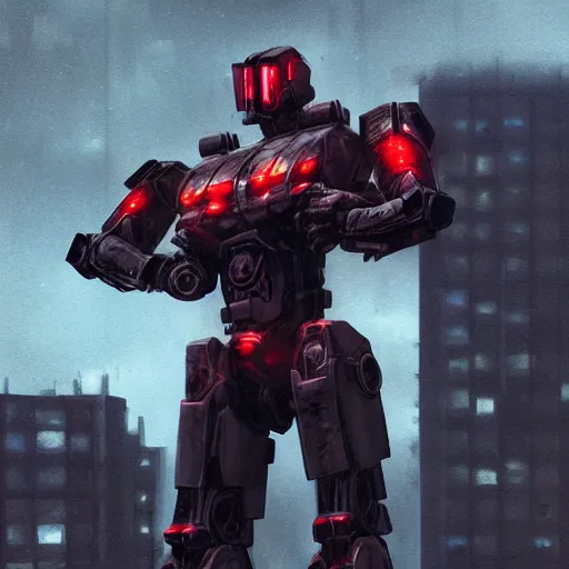 Image similar to An realistic epic fantastic comic book style portrait painting of a mecha warrior machine by WLOP, black and reddish color armor, cyberpunk feel raining at tokyo rooftop, Concept world Art, unreal 5, DAZ, hyperrealistic, octane render, cosplay, RPG portrait, dramatic lighting, rim lights