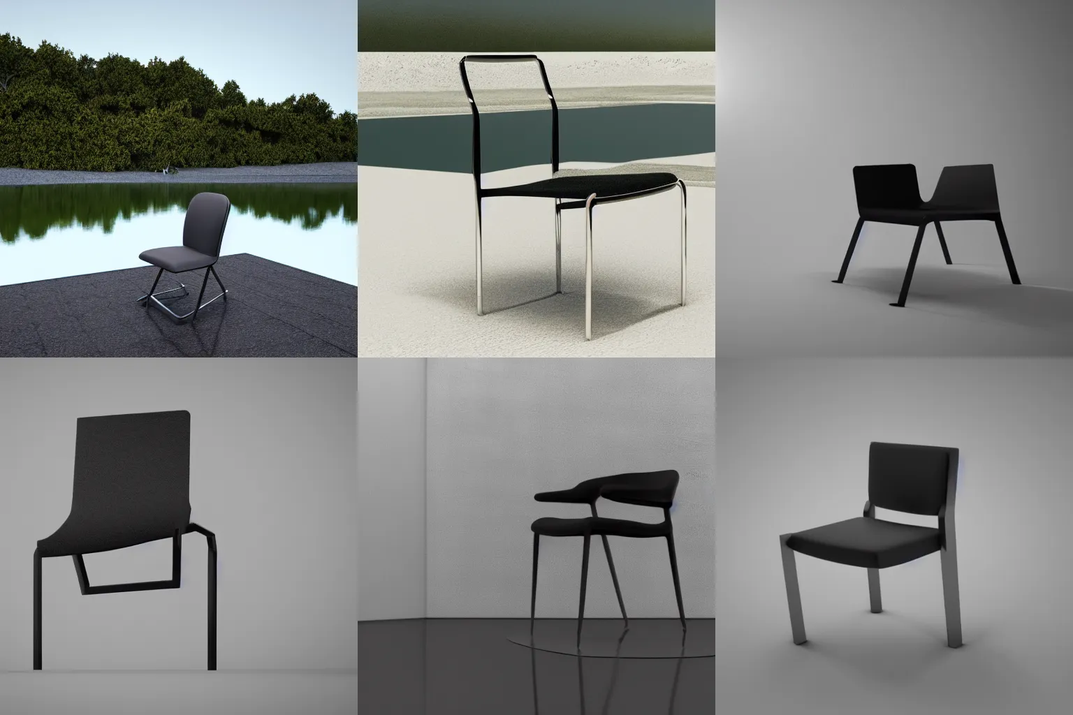 Prompt: 3d render of a minimalistic chair near a lake, 3d minimalistic art, octane render, 4k, studio lighting,