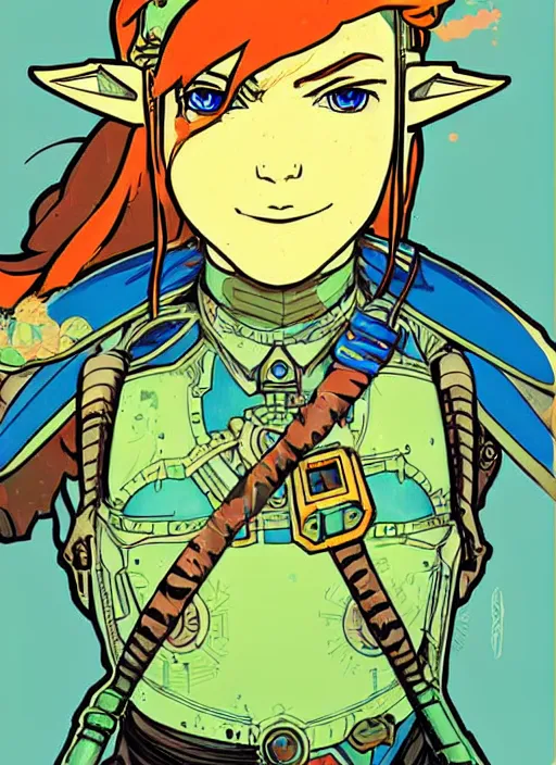 Prompt: solar punk link from zelda!! solar cyborg portrait illustration, pop art, splash painting, art by geof darrow, ashley wood, alphonse mucha, makoto shinkai