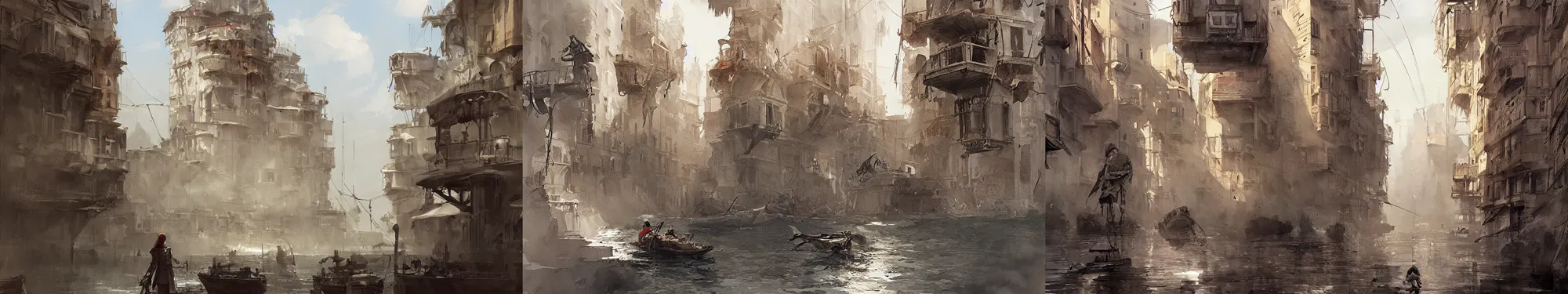 Prompt: Italian mediterranean city, papyrus, watercolored, dishonored viktor antonov, jakub rozalski, artstation