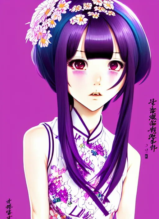 Prompt: full body illustration of an ulzzang korean girl purple hair with hime cut bangs, head slightly tilted, wearing an ornate cheongsam, ilya kuvshinov, anime, pixiv top monthly, trending on artstation, cinematic, danbooru, zerochan art, kyoto animation