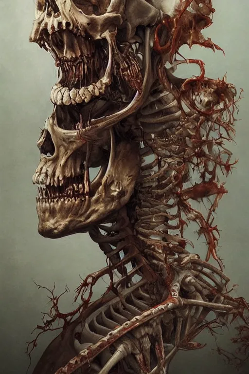 Prompt: Haunting horrifying detailed painting of a man fusing with a skeleton and fleshy growths on his face, sharp teeth and dead eyes without iris, hyper detailed, trending on Artstation