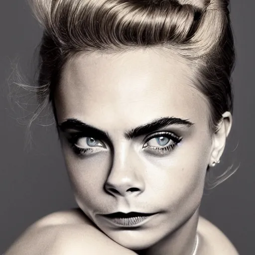 Prompt: portrait of beautiful cara delevingne with a gibson girl hairstyle by mario testino, photo taken in 2 0 2 0, headshot, detailed, award winning, sony a 7 r