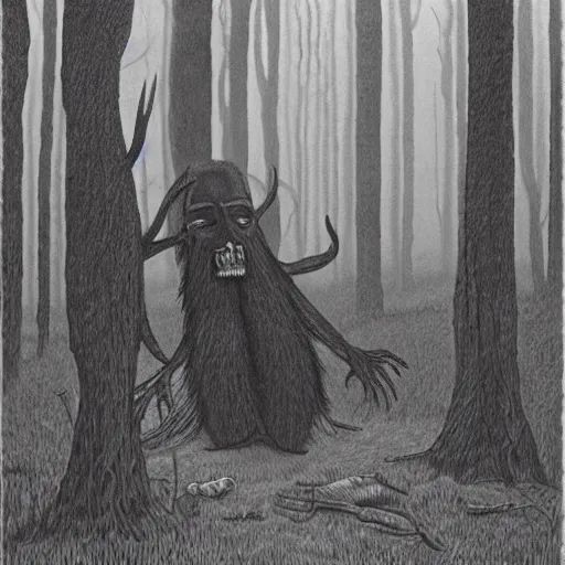 Image similar to wendigo in the woods of Maine illustration by Chris Van Allsburg