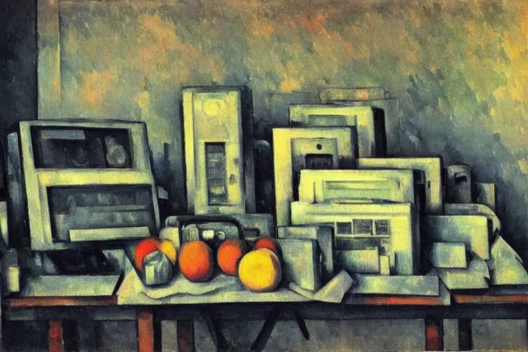 Prompt: still life painting of vintage computers by Paul Cézanne, oil on canvas, strong lighting, highly detailed, hyper realism, HD, 4K