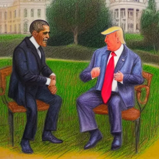 Prompt: 1 9 th century realistic oil pastel drawing of obama and trump having a lovely conversation in a garden, behind them is the white house.