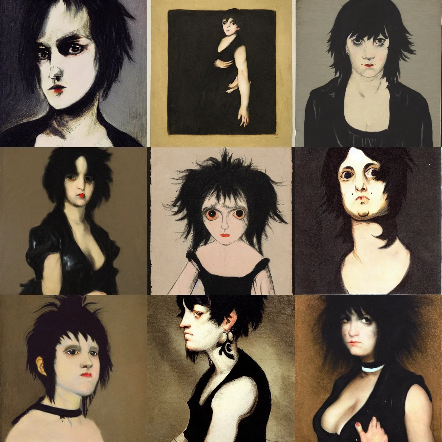 Prompt: an emo by francisco goya. her hair is dark brown and cut into a short, messy pixie cut. she has large entirely - black evil eyes. she is wearing a black tank top, a black leather jacket, a black knee - length skirt, a black choker, and black leather boots.