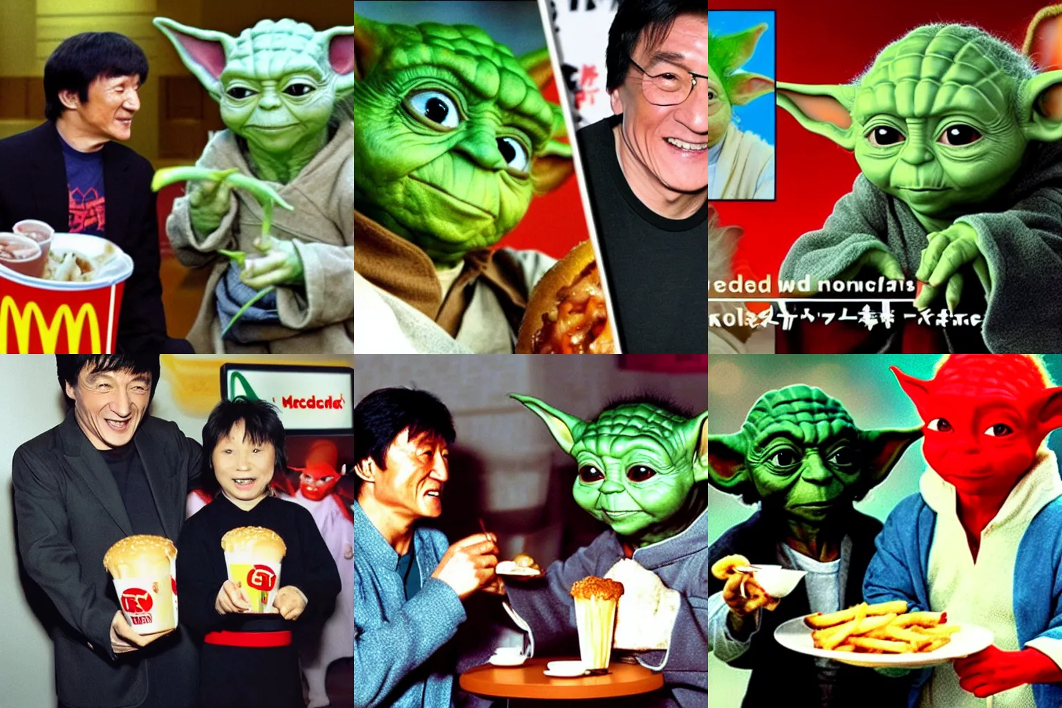 Prompt: Jackie Chan and Yoda eat McDonald's