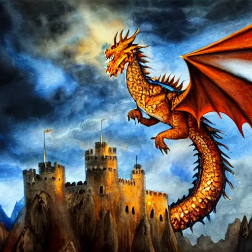 Image similar to a majestic , magnificent fire breathing dragon flying over a medieval castle under a dark starred sky, dark fantasy, watercolor, dreaming illusion, highly detailed, 4k, trending on Artstation, award-winning