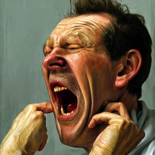 Prompt: high quality high detail painting by lucian freud, hd, screaming man, photorealistic lighting