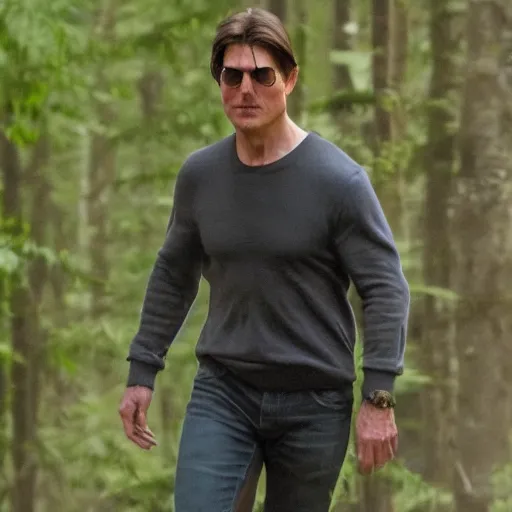 Image similar to blurry photograph of tom cruise spotted in the forest, high definition