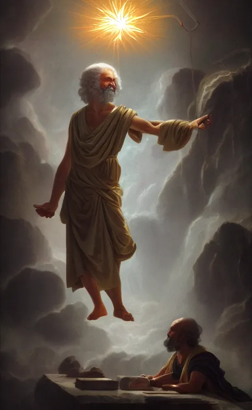 Prompt: Socrates casting an electricity spell. Digital art trending on artstation. 4k. Tyndall effect.