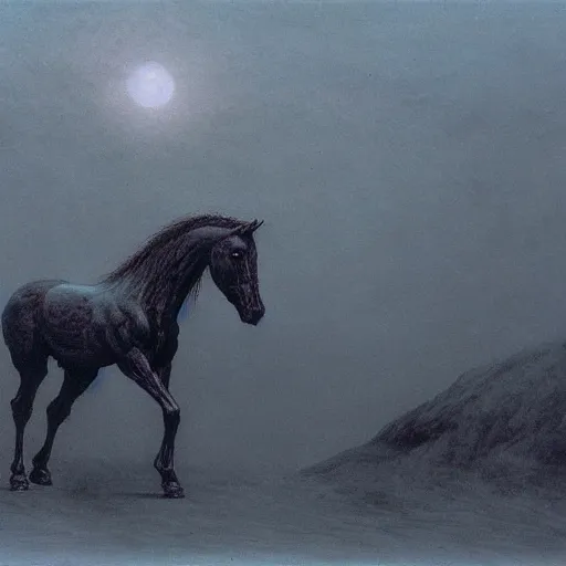 Image similar to horse beksinski, eldritch, apocalypse, creepy creature, horror spooky