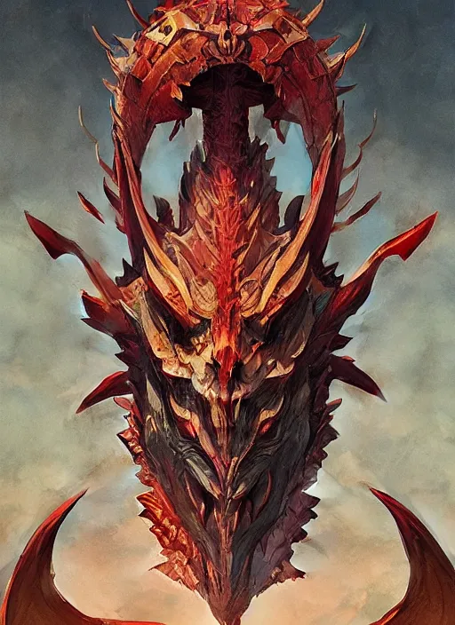 Image similar to symmetrical giant dragon head, cinematic romantic magical, greek myth, masterpiece, side profile, crazed, deep dark armor, luminescent, greek myth, wisdom, bloody red colors, by greg manchess, huang guangjian, gil elvgren, sachin teng, greg rutkowski, jesper ejsing, ilya kuvshinov