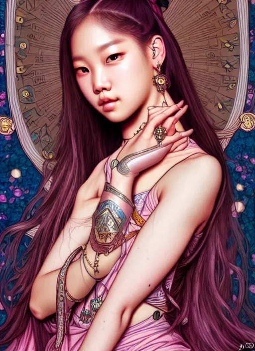 Image similar to jennie manoban of blackpink, tarot card, highly detailed, digital painting, smooth, sharp focus, illustration, ultra realistic, 8 k, art by artgerm and alphonse mucha