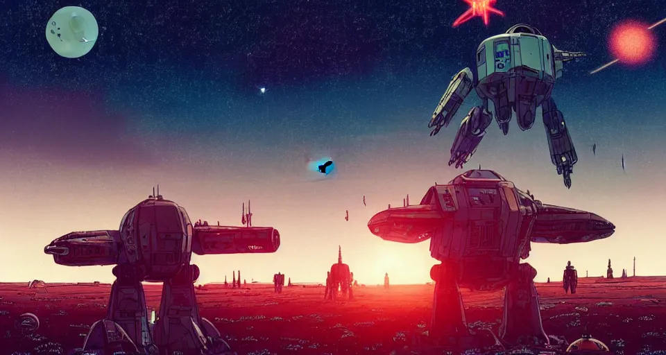 Image similar to a large mecha in a field of destroyed vending machines, underneath a star filled night sky, moebius, warm coloured, maschinen krieger, beeple, star trek, star wars, film, atmospheric perspective