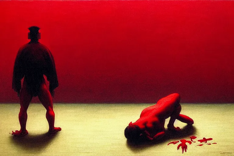 Image similar to only with red, a red samurai do seppuku, tokio, a lot of frogs watch, in the style of beksinski, parts by edward hopper, parts by rodcenko, parts by yue minjun, intricate and epic composition, red by caravaggio, insanely quality, highly detailed, masterpiece, red light, artstation, 4 k