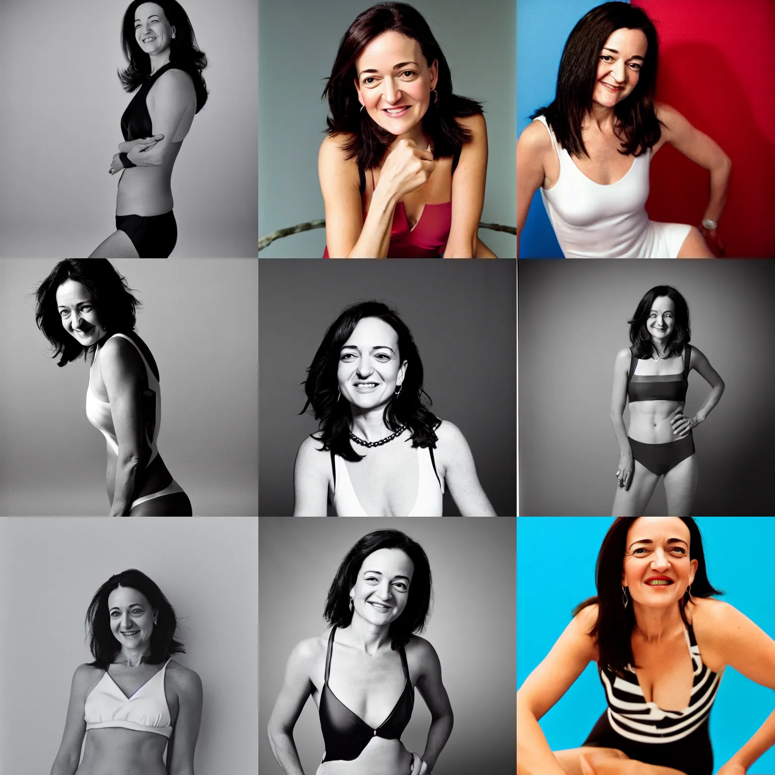 Prompt: Photo of Sheryl Sandberg in swimsuit, soft studio lighting, photo taken by Terry Richardson for Calvin Klein, award-winning photograph, 24mm f/1.4