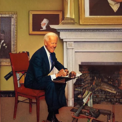 Image similar to Norman Rockwell portrait of Joe Biden. He's sitting on a chair, cozy fire