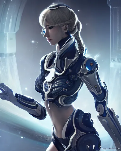 Image similar to detailed portrait of perfect android girl, warframe armor, beautiful face, scifi, futuristic, space station, laboratory, song hye - kyo, dreamy, long white hair, blue cyborg eyes, cinematic lighting, innocent, highly detailed, sharp focus, smooth, artstation, intricate, award winning, pure aura, divine, by akihiko yoshida