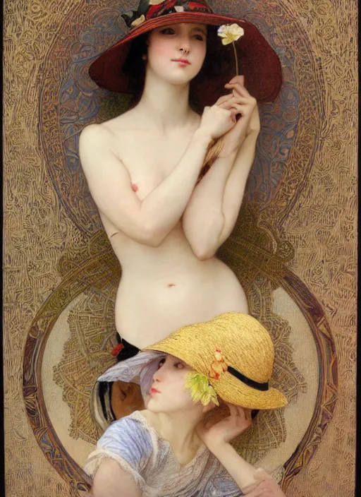 Image similar to leslie burke with straw hat, bouguereau and art nouveau mucha