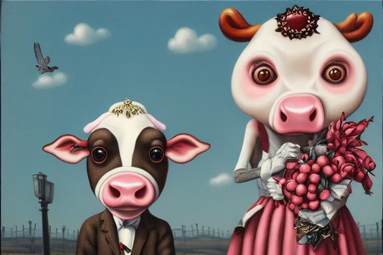 Image similar to 'Wherever you go, a cow is always watching you', by Mark Ryden