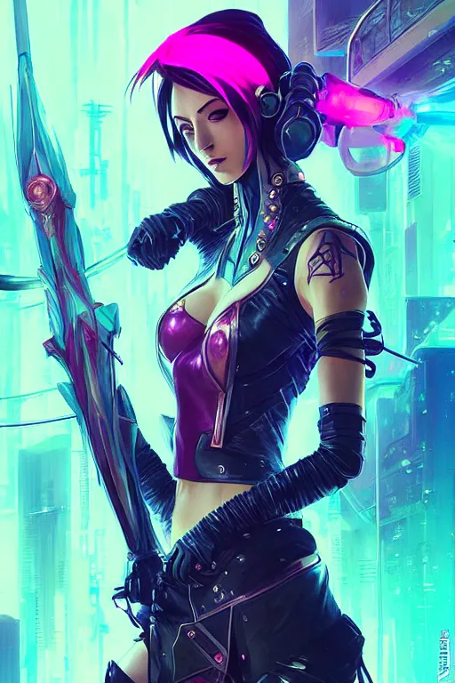 Image similar to fiora from league of legends, cyberpunk futuristic neon. she is holding a sword, decorated with traditional japanese ornaments by ismail inceoglu dragan bibin hans thoma greg rutkowski alexandros pyromallis nekro rene maritte illustrated, perfect face, fine details, realistic shaded, fine - face, pretty face, masterpiece