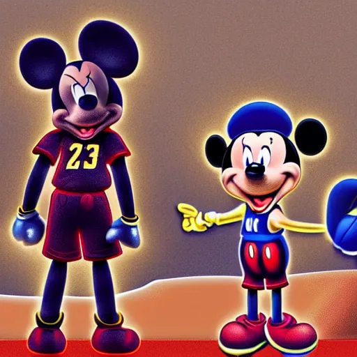 Prompt: Lebron Bowing to a statue of mickey mouse digital art