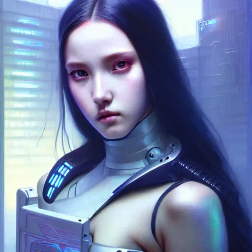 Prompt: portrait painting of cyberpunk olivia hye from loona, ultra realistic, concept art, intricate details, eerie, highly detailed, photorealistic, octane render, 8 k, unreal engine. art by artgerm and greg rutkowski and magali villeneuve and alphonse mucha