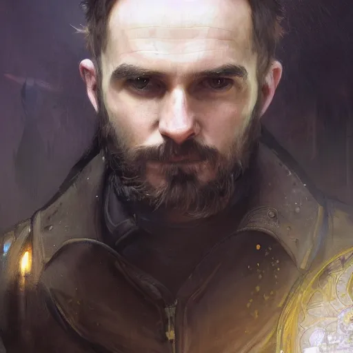 Image similar to closeup portrait of an artificer, furry ferret, male, dark hair, wizard, serious face, dungeons and dragons character, dramatic lighting, castle background, gorgeous view, realistic, high detail, digital art, painted by greg rutkowski, painted by jeremy mann, painted by alphonse mucha, trending on artstation