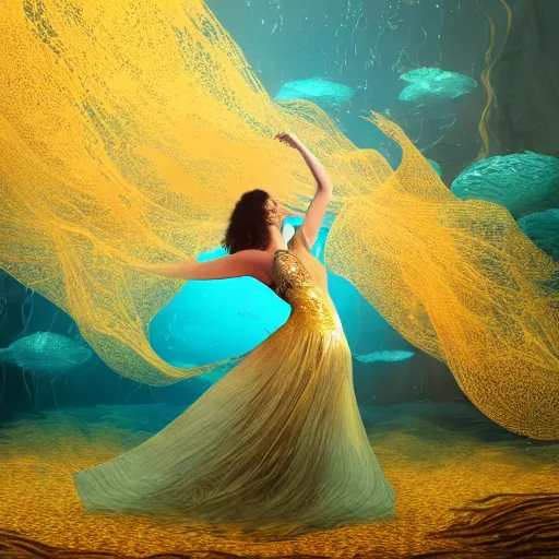 Prompt: woman dancing underwater wearing a long flowing dress made of many translucent layers of gold and silver lace seaweed, bolts of bright yellow fish, delicate coral sea bottom, swirling silver fish, swirling smoke shapes, renderman render, caustics lighting from above, cinematic, hyperdetailed