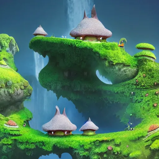 Image similar to waterfall village shaped like a frog, by benoit mandelbrot, filip hodas, vincent callebaut, mike campau and studio ghibli