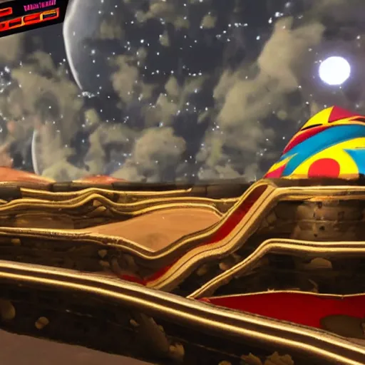 Image similar to A Mario Kart Double Dash Custom Track On The Moon called 'Wario's Moon Base'. Detailed nintendo videogame racetrack.