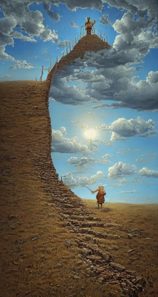 Prompt: surreal the stairways to the sky in the steppe, in game pathologic 2, by jacek yerka, by levitan, oil on canvas, acrylic, digital art, royal academy, masterpiece, trending on artstation, cinematic composition, sharp, details, hyper - detailed, hd