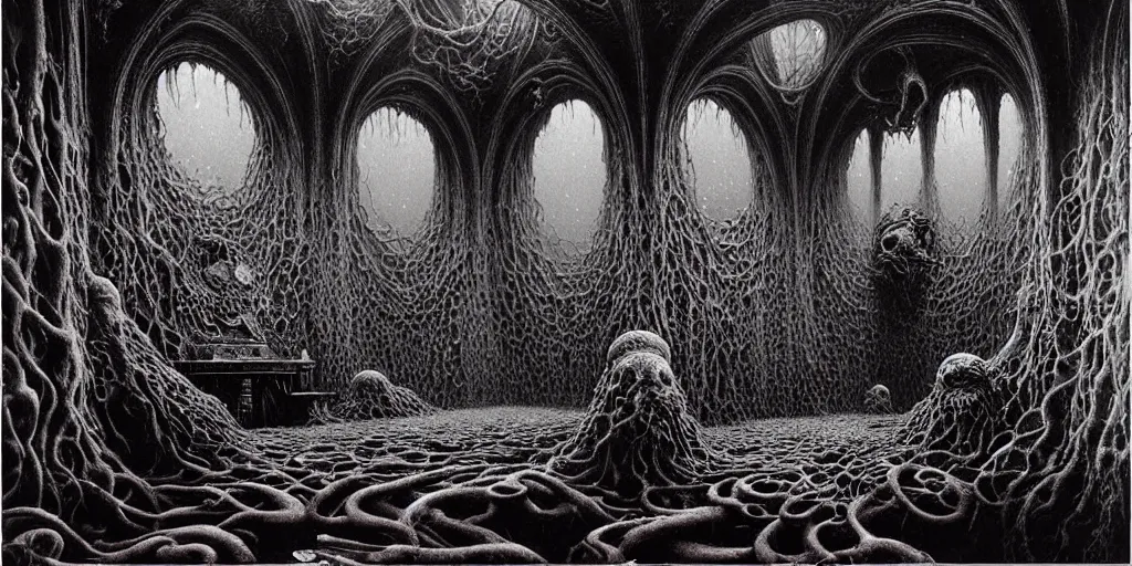 Prompt: Shoggoth's living room, Zdzislaw Beksinski, Wayne Barlowe, Joe Fenton, gothic, cosmic horror, biomorphic, lovecraftian, amazing details, cold hue's