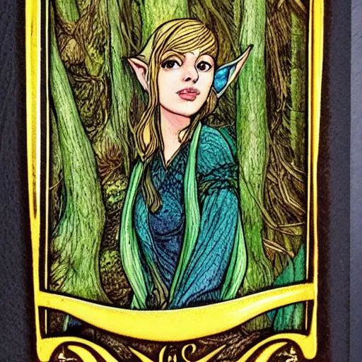 Prompt: a beautiful forest elf in the style of a tarot card with beautiful gilded edges on card