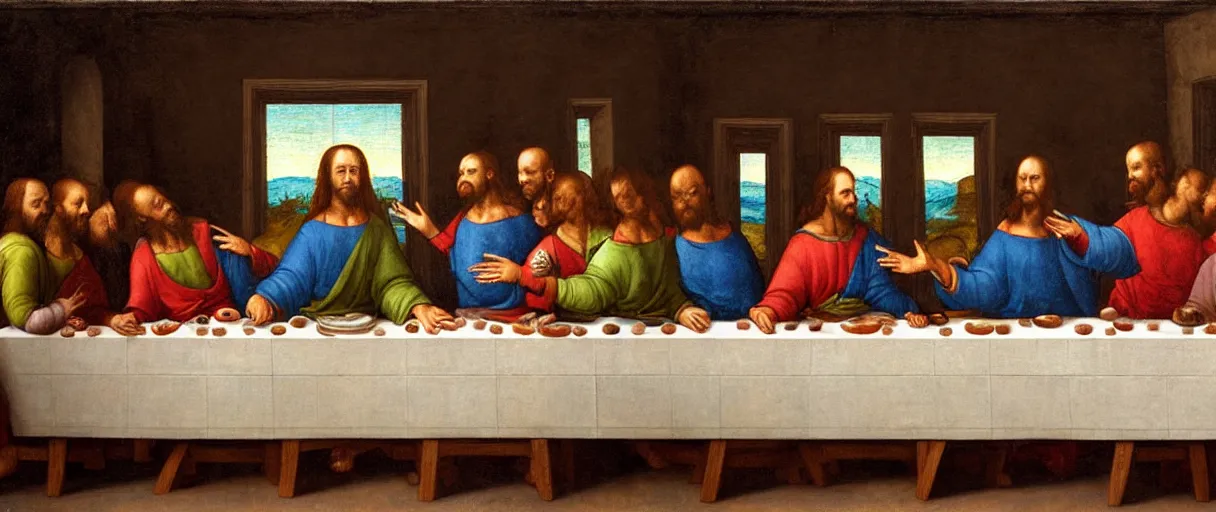 Image similar to the last supper but everyone is an animal. Painting in the style of Leonardo Da Vinci