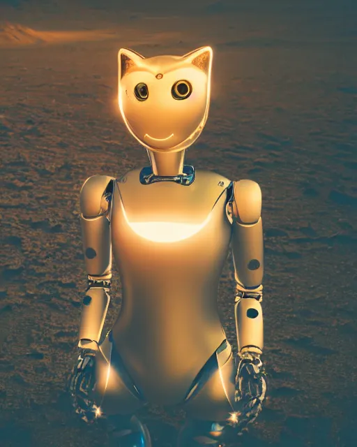 Image similar to high quality presentation noght photo of an illuminated cat-like female robot on mars, photography 4k, full body, f1.8 anamorphic, bokeh, 4k, Canon, Nikon