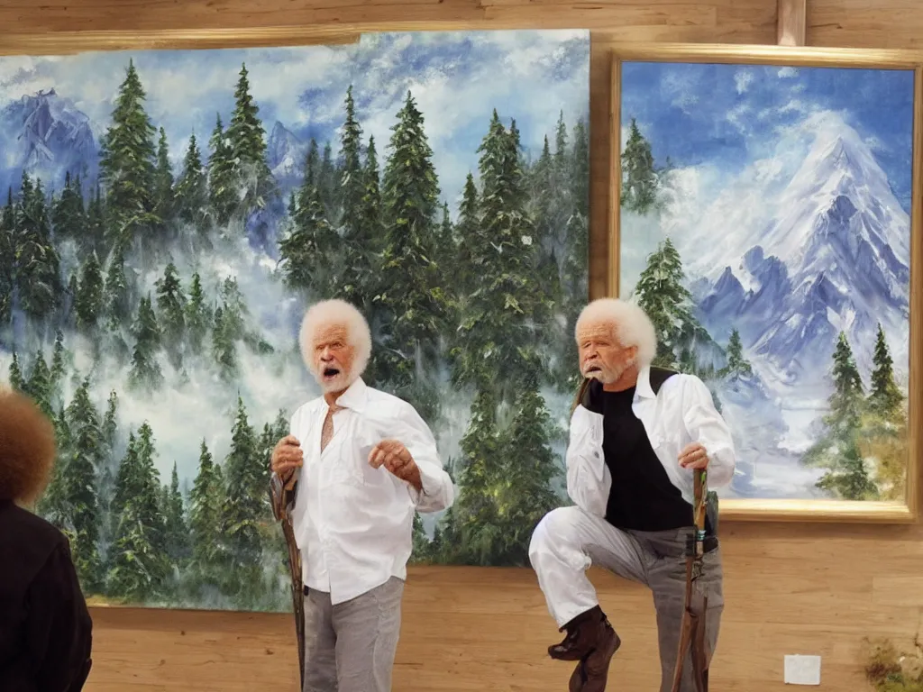 Prompt: old bob ross is sad and angry and yelling at a huge painting of nature by bob ross