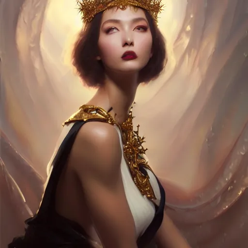 Prompt: expressive oil painting, of alluring european princess, seductive look, smooth glowing skin, glistening body, love, adoration, blushing, ornate crown of black thorns, glamour shot, by yoshitaka amano, by greg rutkowski, by jeremyg lipkinng, by artgerm, digital art, octane render, white dress