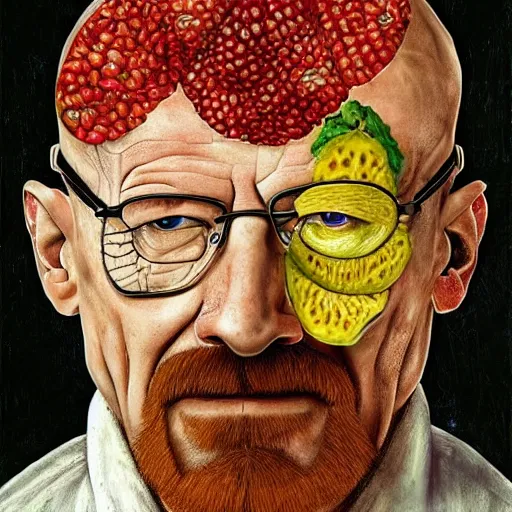 Image similar to walter white in the style of giuseppe arcimboldo, fruits